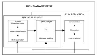 Activity
Characterization

Hazard Identification

Risk Estimation
Implementation

Monitoring

Audit or Review
Option Analysis

Decision Making
RISK MANAGEMENT
RISK ASSESSMENT
RISK REDUCTION
 