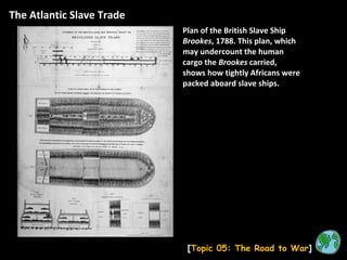 The Atlantic Slave Trade [ Topic 05: The Road to War ] Plan of the British Slave Ship  Brookes , 1788. This plan, which may undercount the human cargo the  Brookes  carried, shows how tightly Africans were packed aboard slave ships. 