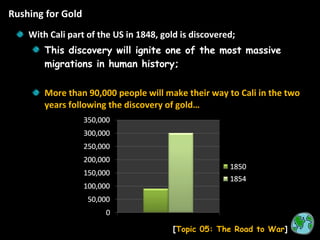 Rushing for Gold [ Topic 05: The Road to War ] With Cali part of the US in 1848, gold is discovered; This discovery will ignite one of the most massive migrations in human history; More than 90,000 people will make their way to Cali in the two years following the discovery of gold… 