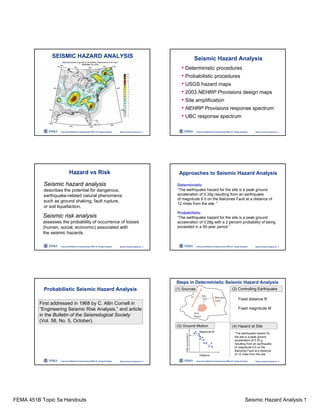 FEMA 451B Topic 5a Handouts Seismic Hazard Analysis 1
Instructional Material Complementing FEMA 451, Design Examples Seismic Hazard Analysis 5a - 1
SEISMIC HAZARD ANALYSIS
Instructional Material Complementing FEMA 451, Design Examples Seismic Hazard Analysis 5a - 2
Seismic Hazard Analysis
• Deterministic procedures
• Probabilistic procedures
• USGS hazard maps
• 2003 NEHRP Provisions design maps
• Site amplification
• NEHRP Provisions response spectrum
• UBC response spectrum
Instructional Material Complementing FEMA 451, Design Examples Seismic Hazard Analysis 5a - 3
Seismic hazard analysis
describes the potential for dangerous,
earthquake-related natural phenomena
such as ground shaking, fault rupture,
or soil liquefaction.
Seismic risk analysis
assesses the probability of occurrence of losses
(human, social, economic) associated with
the seismic hazards.
Hazard vs Risk
Instructional Material Complementing FEMA 451, Design Examples Seismic Hazard Analysis 5a - 4
Approaches to Seismic Hazard Analysis
Deterministic
“The earthquake hazard for the site is a peak ground
acceleration of 0.35g resulting from an earthquake
of magnitude 6.0 on the Balcones Fault at a distance of
12 miles from the site. ”
Probabilistic
“The earthquake hazard for the site is a peak ground
acceleration of 0.28g with a 2 percent probability of being
exceeded in a 50-year period.”
Instructional Material Complementing FEMA 451, Design Examples Seismic Hazard Analysis 5a - 5
Probabilistic Seismic Hazard Analysis
First addressed in 1968 by C. Allin Cornell in
“Engineering Seismic Risk Analysis,” and article
in the Bulletin of the Seismological Society
(Vol. 58, No. 5, October).
Instructional Material Complementing FEMA 451, Design Examples Seismic Hazard Analysis 5a - 6
F1 Balcones
Fault
Area
Source
Site
Fixed distance R
Fixed magnitude M
“The earthquake hazard for
the site is a peak ground
acceleration of 0.35 g
resulting from an earthquake
of magnitude 6.0 on the
Balcones Fault at a distance
of 12 miles from the site. ”
Magnitude M
Distance
PeakAcceleration
(2) Controlling Earthquake
Steps in Deterministic Seismic Hazard Analysis
(1) Sources
(4) Hazard at Site(3) Ground Motion
 