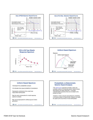 FEMA 451B Topic 5a Handouts Seismic Hazard Analysis 6
Instructional Material Complementing FEMA 451, Design Examples Seismic Hazard Analysis 5a - 31
0.0 0.2 0.4 0.6 0.8
10-6
10-4
10-2
10-0
10-7
10-5
10-3
10-1
10-1
10-8
Peak Horizontal Acceleration (g)
MeanAnnualRateofExceedance
SEISMIC HAZARD CURVE
PGA=0.33g
10% probability in 50 years
Return period = 475 years
Rate of exceedance = 1/475=0.0021
Use of PGA Seismic Hazard Curve
Period, T (sec)
Acceleration,g
0.0 0.5 1.0 1.5
0.2
0.4
0.6
0.8
10% in 50 year
elastic response
spectrum
Instructional Material Complementing FEMA 451, Design Examples Seismic Hazard Analysis 5a - 32
0.0 0.2 0.4 0.6 0.8
10-6
10-4
10-2
10-0
10-7
10-5
10-3
10-1
10-1
10-8
0.2 Sec Spectral Acceleration (g)
MeanAnnualRateofExceedance
SEISMIC HAZARD CURVE
PGA = 0.55g
10% probability in 50 years
Return period = 475 years
rate of exceedance = 1/475=0.0021
Use of 0.2 Sec. Seismic Hazard Curve
Period, T (sec)
Acceleration,g
0.0 0.5 1.0 1.5
0.2
0.4
0.6
0.8
10% in 50 year
Elastic Response
Spectrum
Instructional Material Complementing FEMA 451, Design Examples Seismic Hazard Analysis 5a - 33
Period, T (sec)
Acceleration,g
0.0 0.5 1.0 1.5
0.2
0.4
0.6
0.8
10% in 50 Year Elastic
Response Spectrum
Instructional Material Complementing FEMA 451, Design Examples Seismic Hazard Analysis 5a - 34
Uniform Hazard Spectrum
Large distant
earthquake
Small nearby
earthquake
Uniform hazard spectrum
Period
Response
Instructional Material Complementing FEMA 451, Design Examples Seismic Hazard Analysis 5a - 35
Uniform Hazard Spectrum
All ordinates have equal probability of exceedance
Developed from probabilistic analysis
Represents contributions from small local,
large distant earthquakes
May be overly conservative for modal response
spectrum analysis
May not be appropriate for artificial ground motion
generation
Instructional Material Complementing FEMA 451, Design Examples Seismic Hazard Analysis 5a - 36
Probabilistic vs Deterministic
Seismic Hazard Analysis
“The deterministic approach provides a clear and
trackable method of computing seismic hazard whose
assumptions are easily discerned. It provides
understandable scenarios that can be related to the
problem at hand.”
“However, it has no way for accounting for uncertainty.
Conclusions based on deterministic analysis can easily
be upset by the occurrence of new earthquakes.”
 