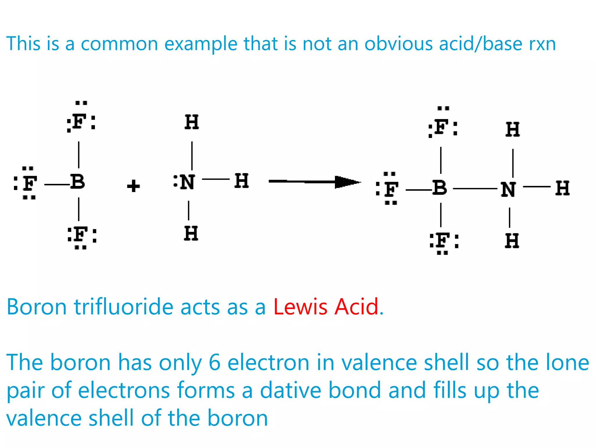 This is a common example that is not an obvious acid/base rxn




Boron trifluoride acts as a Lewis Acid.

The boron has only 6 electron in valence shell so the lone
pair of electrons forms a dative bond and fills up the
valence shell of the boron
 