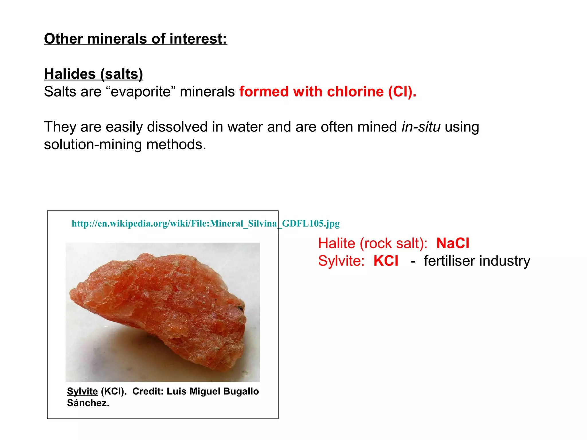 Other minerals of interest:

Halides (salts)
Salts are “evaporite” minerals formed with chlorine (Cl).

They are easily dissolved in water and are often mined in-situ using
solution-mining methods.




    http://en.wikipedia.org/wiki/File:Mineral_Silvina_GDFL105.jpg

                                                            Halite (rock salt): NaCl
                                                            Sylvite: KCl - fertiliser industry




   Sylvite (KCl). Credit: Luis Miguel Bugallo
   Sánchez.
 