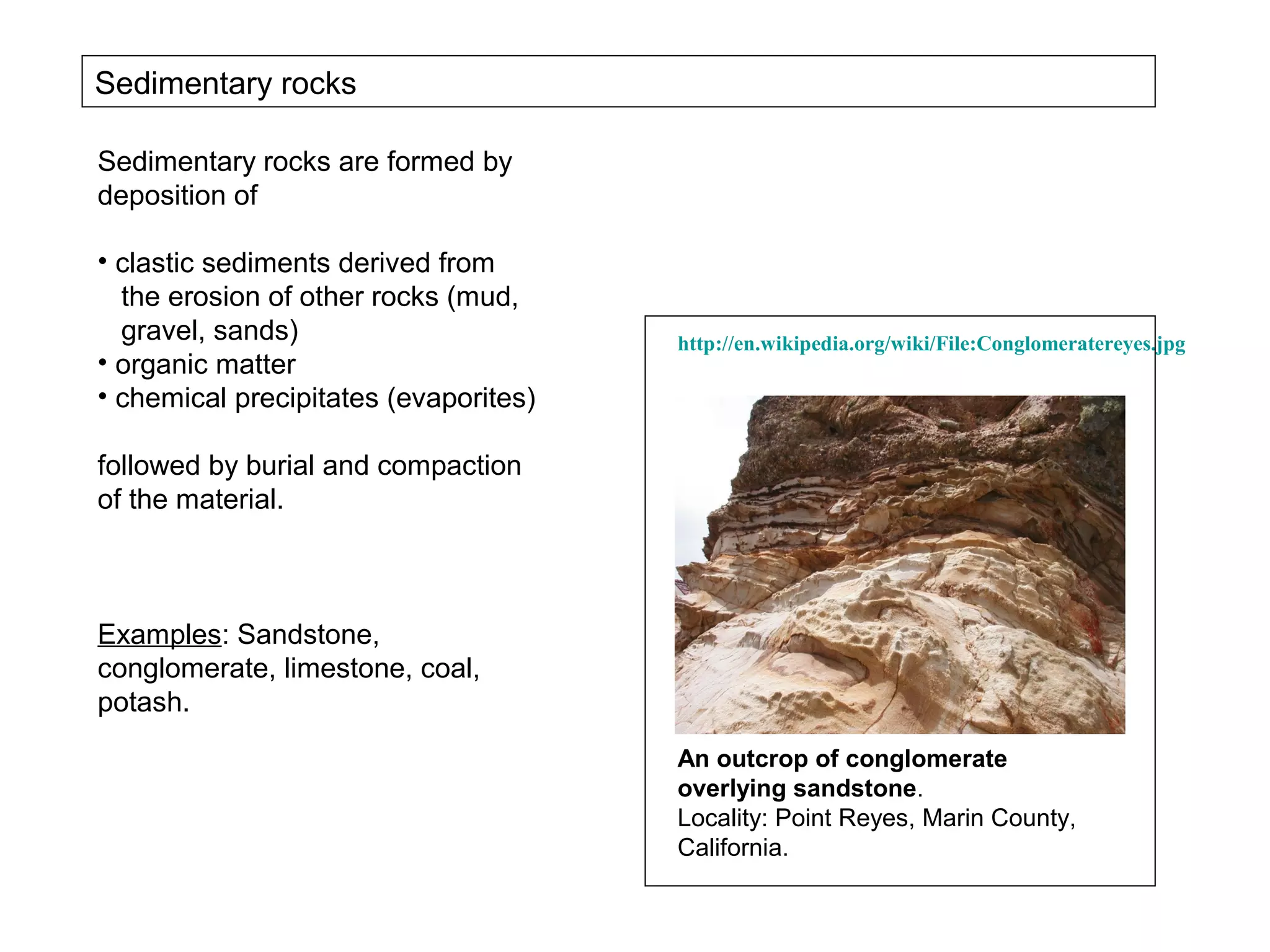 Sedimentary rocks

Sedimentary rocks are formed by
deposition of

• clastic sediments derived from
  the erosion of other rocks (mud,
  gravel, sands)                       http://en.wikipedia.org/wiki/File:Conglomeratereyes.jpg
• organic matter
• chemical precipitates (evaporites)

followed by burial and compaction
of the material.



Examples: Sandstone,
conglomerate, limestone, coal,
potash.
                                       An outcrop of conglomerate
                                       overlying sandstone.
                                       Locality: Point Reyes, Marin County,
                                       California.
 
