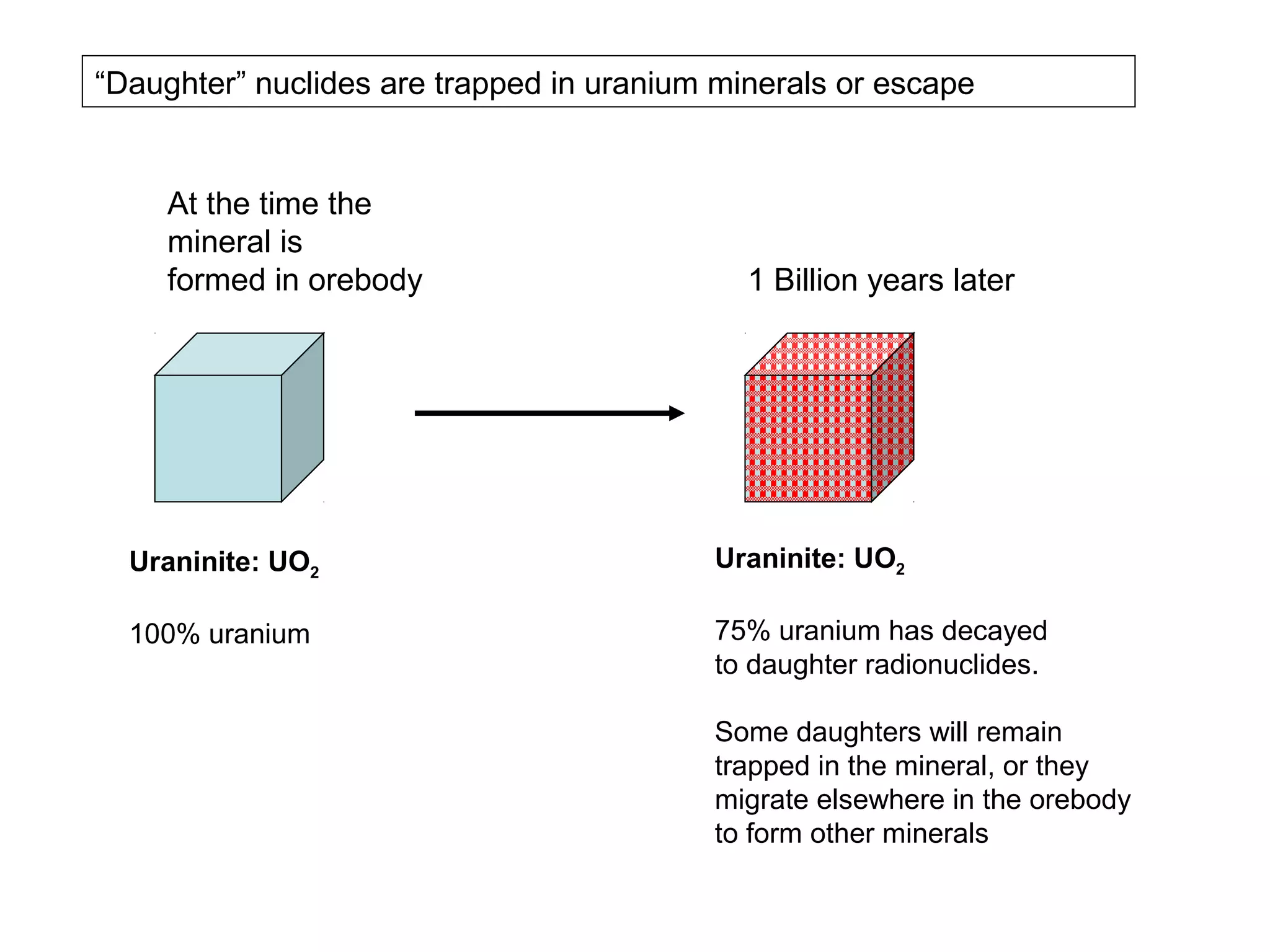 “Daughter” nuclides are trapped in uranium minerals or escape


     At the time the
     mineral is
     formed in orebody                       1 Billion years later




  Uraninite: UO2                          Uraninite: UO2

  100% uranium                            75% uranium has decayed
                                          to daughter radionuclides.

                                          Some daughters will remain
                                          trapped in the mineral, or they
                                          migrate elsewhere in the orebody
                                          to form other minerals
 