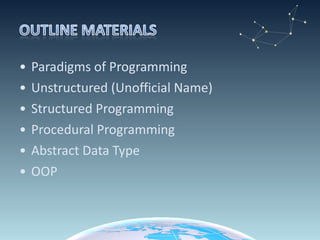 Paradigms of Programming Unstructured (Unofficial Name) Structured Programming Procedural Programming Abstract Data Type OOP 