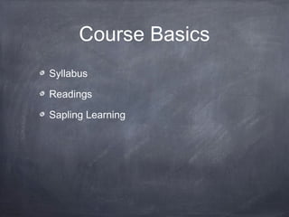 Course Basics
Syllabus

Readings

Sapling Learning
 