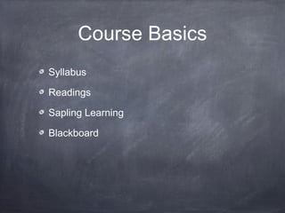 Course Basics
Syllabus

Readings

Sapling Learning

Blackboard
 