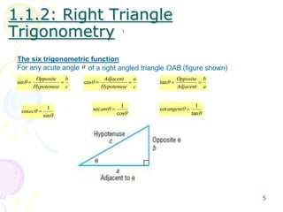 1.1.2: Right Triangle
Trigonometry
The six trigonometric function
For any acute angle of a right angled triangle OAB (figure shown)
sin
Opposite
Hypotenuse
b
c
cos
Adjacent
Hypotenuse
a
c
tan
Opposite
Adjacent
b
a
cos
sin
ec
1 sec
cos
ant
1
cot
tan
angent
1
5
 