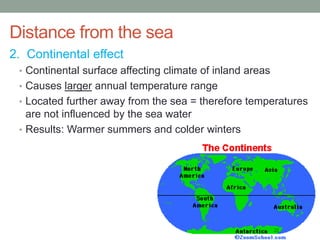 Distance from the sea
2. Continental effect
• Continental surface affecting climate of inland areas
• Causes larger annual temperature range
• Located further away from the sea = therefore temperatures
are not influenced by the sea water
• Results: Warmer summers and colder winters
 