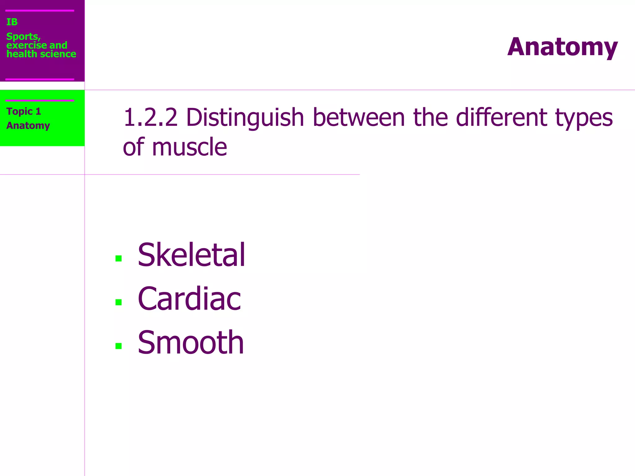 IB
Sports,
exercise and
health science Anatomy
1.2.2 Distinguish between the different types
of muscle
Topic 1
Anatomy
Skeletal Muscles (striated and voluntary muscles)
Attach to bones and have the main function of contracting
to move the body
Striated-appearance of light and dark stripes
 