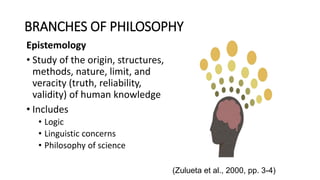 BRANCHES OF PHILOSOPHY
Epistemology
• Study of the origin, structures,
methods, nature, limit, and
veracity (truth, reliability,
validity) of human knowledge
• Includes
• Logic
• Linguistic concerns
• Philosophy of science
(Zulueta et al., 2000, pp. 3-4)
 