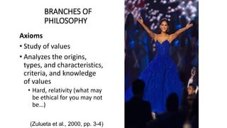 Axioms
• Study of values
• Analyzes the origins,
types, and characteristics,
criteria, and knowledge
of values
• Hard, relativity (what may
be ethical for you may not
be…)
(Zulueta et al., 2000, pp. 3-4)
BRANCHES OF
PHILOSOPHY
 