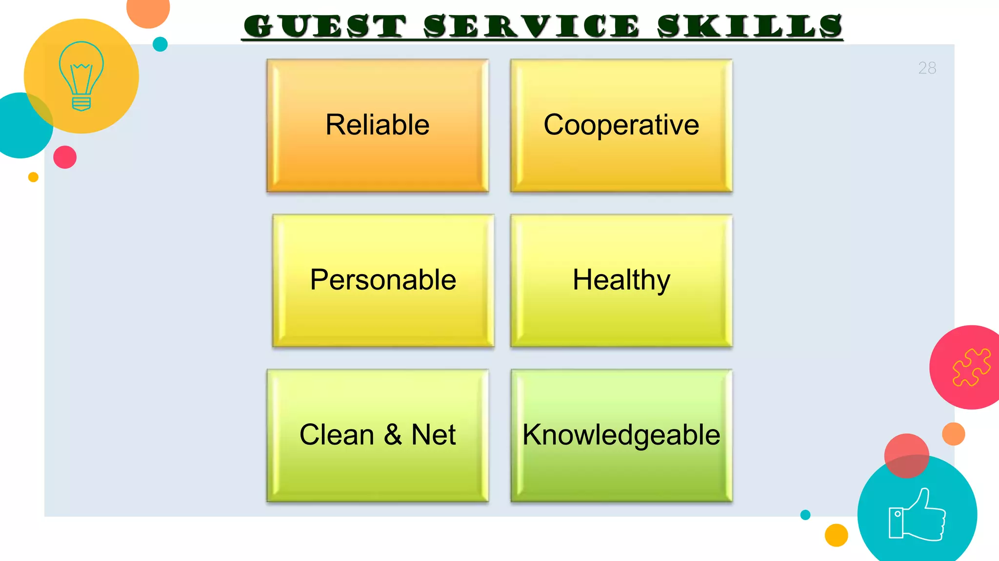 28
Reliable Cooperative
Personable Healthy
Clean & Net Knowledgeable
GUEST SERVICE SKILLS
 