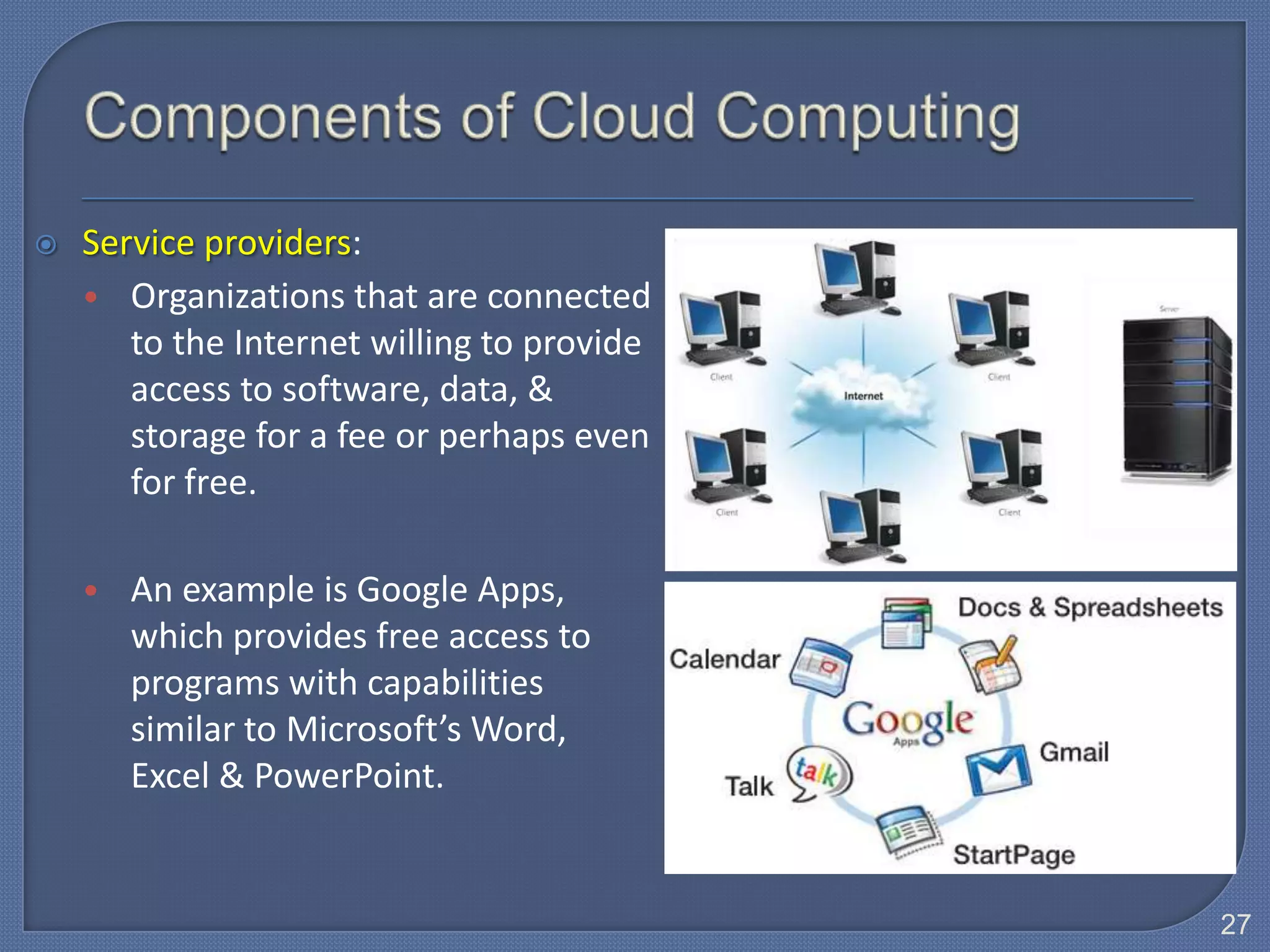    Service providers:
    • Organizations that are connected
       to the Internet willing to provide
       access to software, data, &
       storage for a fee or perhaps even
       for free.

    • An example is Google Apps,
       which provides free access to
       programs with capabilities
       similar to Microsoft’s Word,
       Excel & PowerPoint.


                                            27
 
