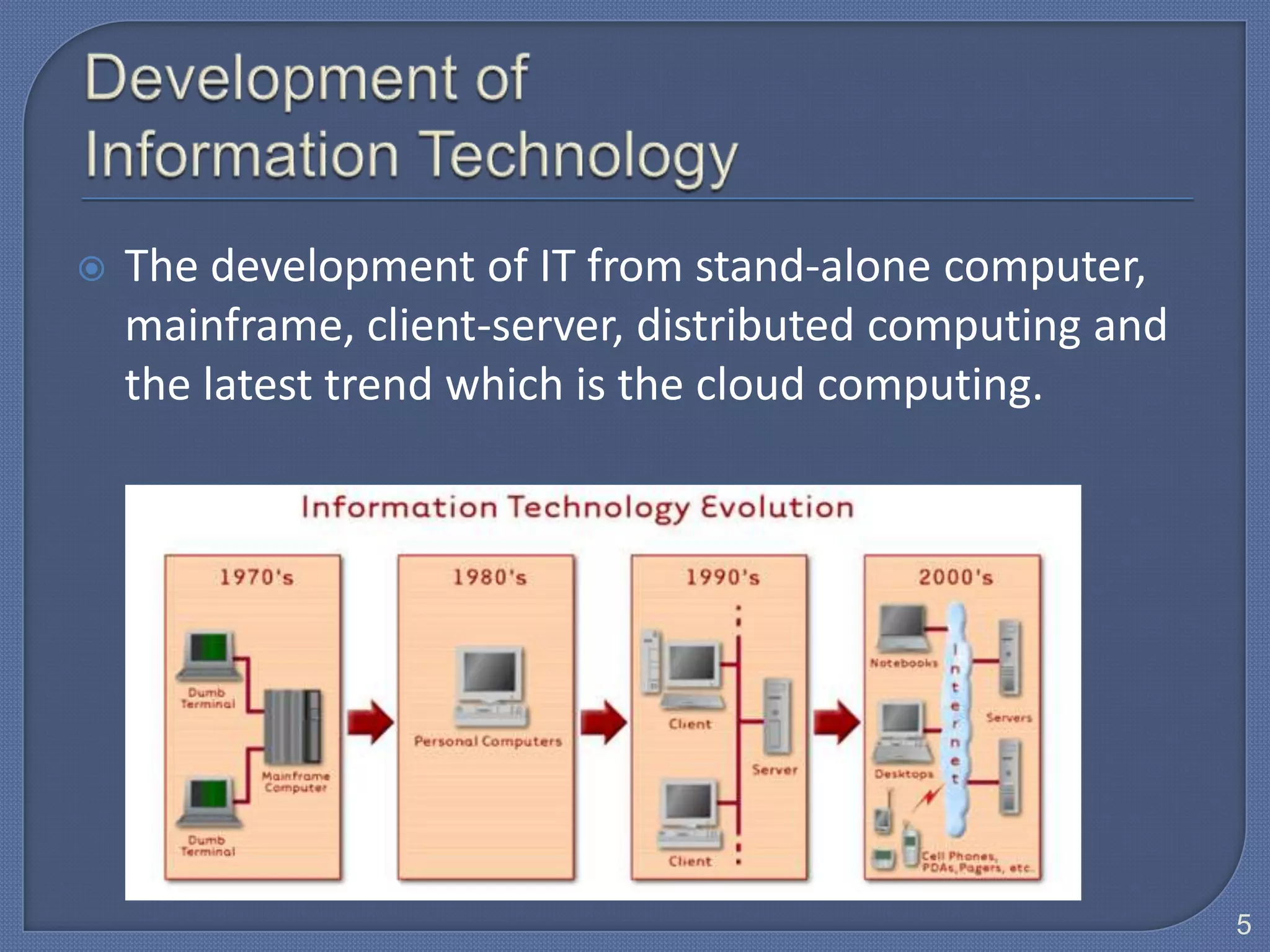    The development of IT from stand-alone computer,
    mainframe, client-server, distributed computing and
    the latest trend which is the cloud computing.




                                                          5
 