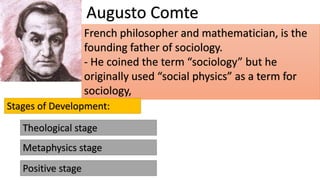 Augusto Comte
French philosopher and mathematician, is the
founding father of sociology.
- He coined the term “sociology” but he
originally used “social physics” as a term for
sociology,
Stages of Development:
Theological stage
Metaphysics stage
Positive stage
 