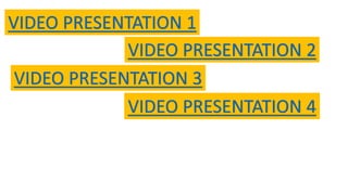 VIDEO PRESENTATION 1
VIDEO PRESENTATION 2
VIDEO PRESENTATION 3
VIDEO PRESENTATION 4
 