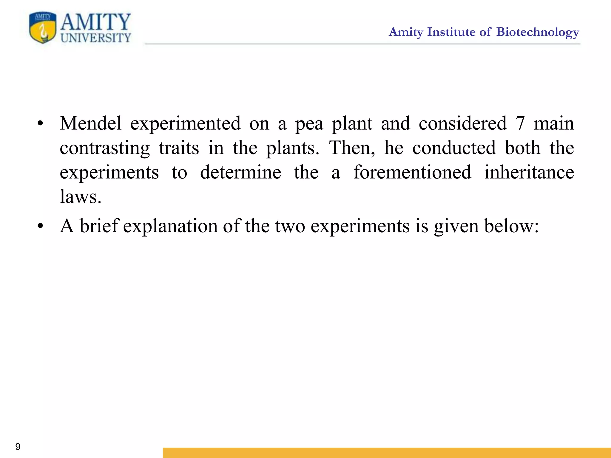 Amity Institute of Biotechnology
• Mendel experimented on a pea plant and considered 7 main
contrasting traits in the plants. Then, he conducted both the
experiments to determine the a forementioned inheritance
laws.
• A brief explanation of the two experiments is given below:
9
 