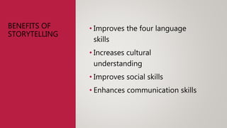 BENEFITS OF
STORYTELLING
• Improves the four language
skills
• Increases cultural
understanding
• Improves social skills
• Enhances communication skills
 