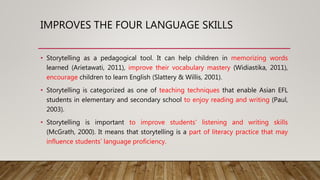 IMPROVES THE FOUR LANGUAGE SKILLS
• Storytelling as a pedagogical tool. It can help children in memorizing words
learned (Arietawati, 2011), improve their vocabulary mastery (Widiastika, 2011),
encourage children to learn English (Slattery & Willis, 2001).
• Storytelling is categorized as one of teaching techniques that enable Asian EFL
students in elementary and secondary school to enjoy reading and writing (Paul,
2003).
• Storytelling is important to improve students’ listening and writing skills
(McGrath, 2000). It means that storytelling is a part of literacy practice that may
influence students’ language proficiency.
 