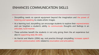 ENHANCES COMMUNICATION SKILLS
• Storytelling needs no special equipment beyond the imagination and the power of
listening and speaking to create artistic images.
• As a learning tool, storytelling can encourage students to explore their expressiveness
and can heighten a student's ability to communicate thoughts and feelings in an
articulate, lucid manner.
• These activities benefit the students in not only giving them the art experience but
also in supporting daily life skills.
• As Harriot and Martin (2004) say, oral practice through storytelling increases speech
and oral communication skills related to enunciation and articulation.
 