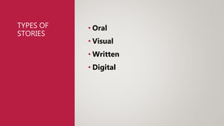 TYPES OF
STORIES
• Oral
• Visual
• Written
• Digital
 