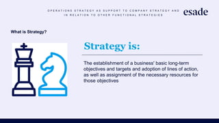 Strategy is:
The establishment of a business' basic long-term
objectives and targets and adoption of lines of action,
as well as assignment of the necessary resources for
those objectives
What is Strategy?
O P E R A T I O N S S T R A T E G Y A S S U P P O R T T O C O M P A N Y S T R A T E G Y A N D
I N R E L A T I O N T O O T H E R F U N C T I O N A L S T R A T E G I E S
 