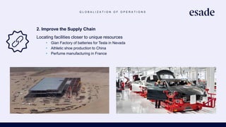 G L O B A L I Z A T I O N O F O P E R A T I O N S
2. Improve the Supply Chain
Locating facilities closer to unique resources
• Gian Factory of batteries for Tesla in Nevada
• Athletic shoe production to China
• Perfume manufacturing in France
 