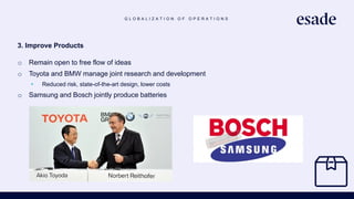 G L O B A L I Z A T I O N O F O P E R A T I O N S
3. Improve Products
o Remain open to free flow of ideas
o Toyota and BMW manage joint research and development
• Reduced risk, state-of-the-art design, lower costs
o Samsung and Bosch jointly produce batteries
 
