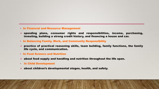 • In Financial and Resource Management
 spending plans, consumer rights and responsibilities, income, purchasing,
investing, building a strong credit history, and financing a house and car.
• In Balancing Family, Work, and Community Responsibility
 practice of practical reasoning skills, team building, family functions, the family
life cycle, and communication.
• In Food Science and Nutrition
 about food supply and handling and nutrition throughout the life span.
• In Child Development
 about children’s developmental stages, health, and safety.
 