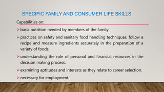SPECIFIC FAMILY AND CONSUMER LIFE SKILLS
Capabilities on:
basic nutrition needed by members of the family
practices on safety and sanitary food handling techniques, follow a
recipe and measure ingredients accurately in the preparation of a
variety of foods.
understanding the role of personal and financial resources in the
decision making process.
examining aptitudes and interests as they relate to career selection.
necessary for employment.
 