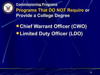 Commissioning Programs
Programs That DO NOT Require or
Provide a College Degree

 Chief Warrant Officer (CWO)
 Limited Duty Officer (LDO)




                                  15
 
