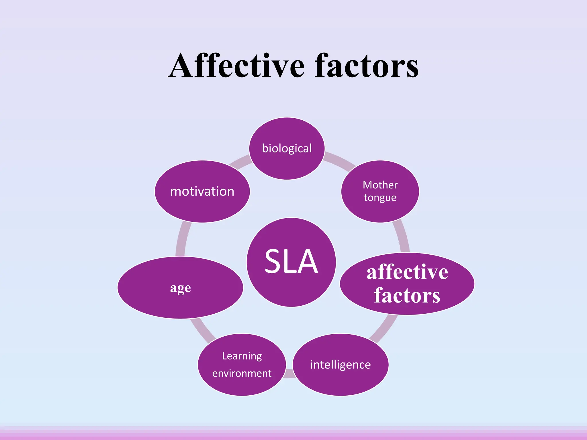 Affective factors
SLA
biological
Mother
tongue
affective
factors
intelligence
Learning
environment
age
motivation
 