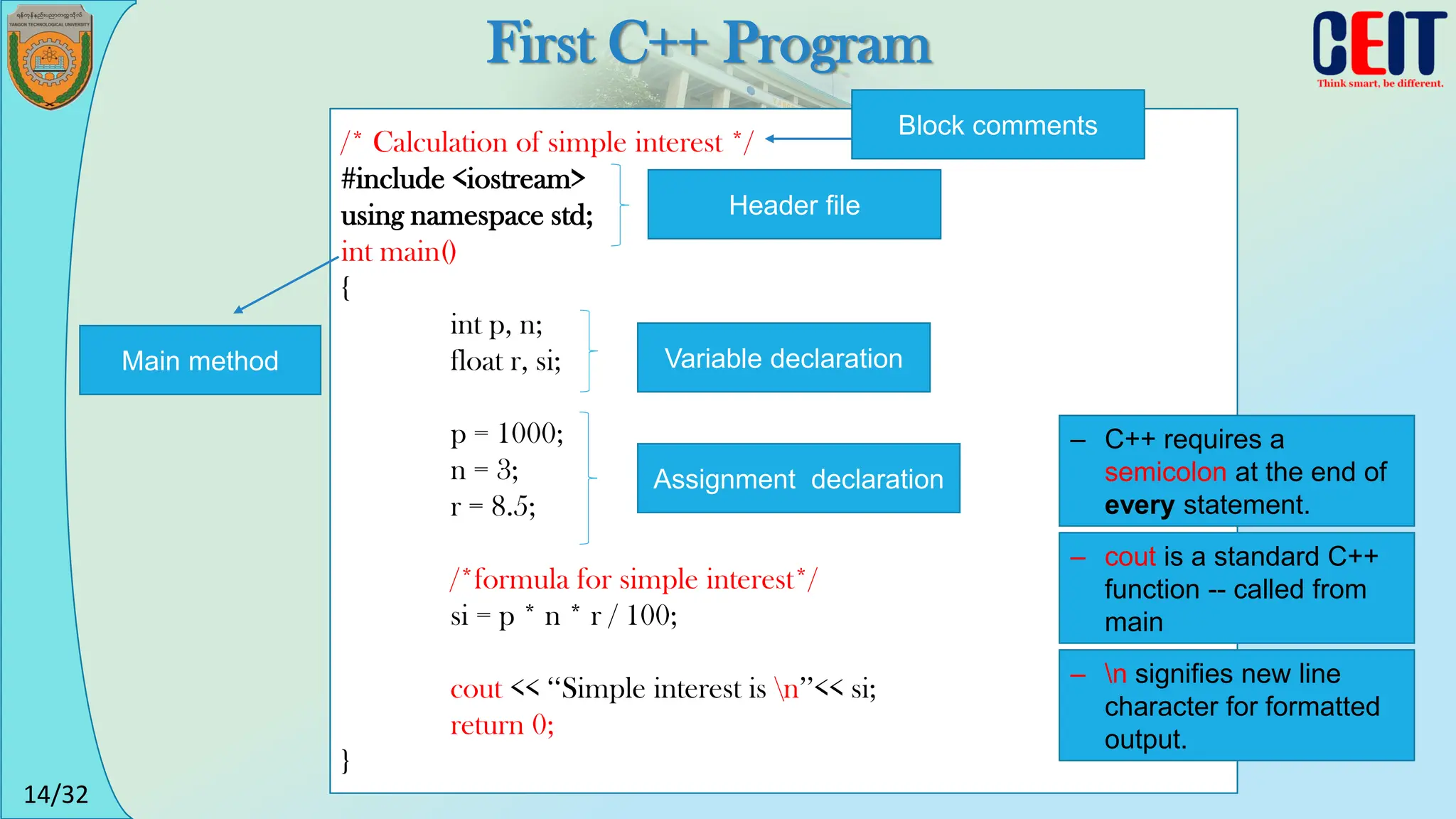 14/32
First C++ Program
/* Calculation of simple interest */
#include <iostream>
using namespace std;
int main()
{
int p, n;
float r, si;
p = 1000;
n = 3;
r = 8.5;
/*formula for simple interest*/
si = p * n * r / 100;
cout << ‘‘Simple interest is n’’<< si;
return 0;
}
Block comments
Variable declaration
Assignment declaration
Main method
– C++ requires a
semicolon at the end of
every statement.
– cout is a standard C++
function -- called from
main
– n signifies new line
character for formatted
output.
Header file
 