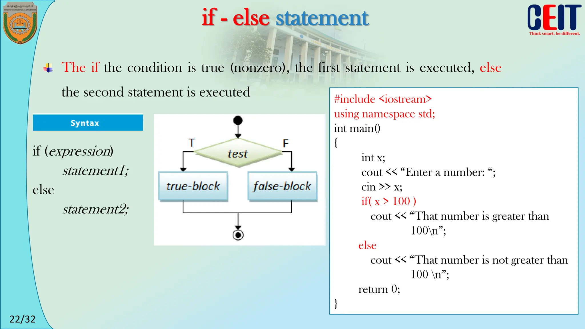 22/32
if - else statement
The if the condition is true (nonzero), the first statement is executed, else
the second statement is executed #include <iostream>
using namespace std;
int main()
{
int x;
cout << “Enter a number: “;
cin >> x;
if( x > 100 )
cout << “That number is greater than
100n”;
else
cout << “That number is not greater than
100 n”;
return 0;
}
if (expression)
statement1;
else
statement2;
 