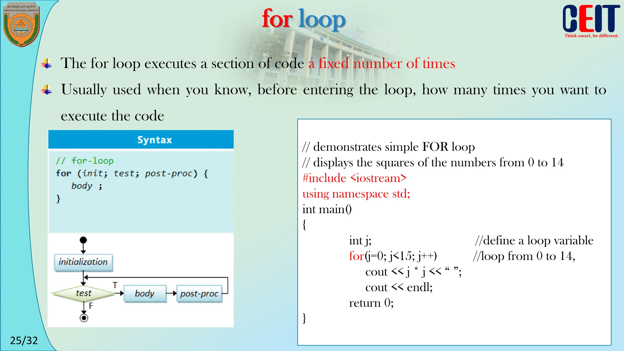 25/32
for loop
The for loop executes a section of code a fixed number of times
Usually used when you know, before entering the loop, how many times you want to
execute the code
// demonstrates simple FOR loop
// displays the squares of the numbers from 0 to 14
#include <iostream>
using namespace std;
int main()
{
int j; //define a loop variable
for(j=0; j<15; j++) //loop from 0 to 14,
cout << j * j << “ ”;
cout << endl;
return 0;
}
 