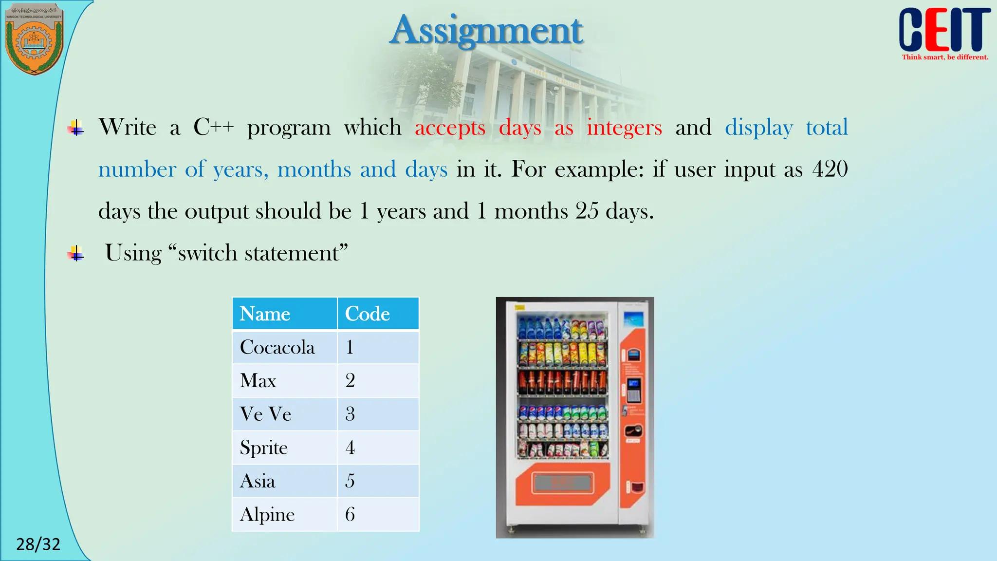 28/32
Assignment
Write a C++ program which accepts days as integers and display total
number of years, months and days in it. For example: if user input as 420
days the output should be 1 years and 1 months 25 days.
Using “switch statement”
Name Code
Cocacola 1
Max 2
Ve Ve 3
Sprite 4
Asia 5
Alpine 6
 