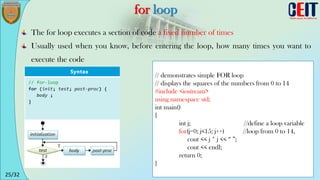 25/32
for loop
The for loop executes a section of code a fixed number of times
Usually used when you know, before entering the loop, how many times you want to
execute the code
// demonstrates simple FOR loop
// displays the squares of the numbers from 0 to 14
#include <iostream>
using namespace std;
int main()
{
int j; //define a loop variable
for(j=0; j<15; j++) //loop from 0 to 14,
cout << j * j << “ ”;
cout << endl;
return 0;
}
 