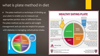 what is plate method in diet
 The plate method is a technique of dividing up
your plate to enable you to measure out
appropriate portion sizes of different foods.
The plate method can be used to aid weight
management and can also be helpful for people
with diabetes in managing carbohydrate intake.
 