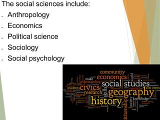 The social sciences include:
 Anthropology
 Economics
 Political science
 Sociology
 Social psychology
 