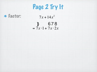 Page 2 Try It
Factor:        2
             2x − 4x
          = 2x ⋅ x − 2x ⋅ 2


          = 2x ( x − 2 )
 