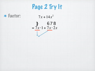 Page 2 Try It
Factor:        2
             2x − 4x
          = 2x ⋅ x − 2x ⋅ 2


          = 2x ( x − 2 )
 