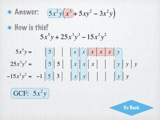 Page 4 Your Turn
Factor:                2   4       3           3 3               5   7
              15a b − 5ab + 20a b + 10a b

          3                    3           3         2               3   4   4
 = 5ab ⋅ 3ab − 5ab ⋅1 + 5ab ⋅ 4a + 5ab ⋅ 2a b


              3
                  (
 = 5ab 3ab − 1 + 4a + 2a b             2                 4   4
                                                                 )
 