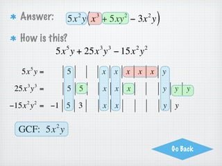 Page 4 Your Turn
Factor:
            4   3   2 2   5 6
          6x y + 2x y − 8x y
 