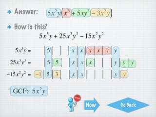 Page 4 Your Turn
Factor:
                 4   3     2 2   5 6
            6x y + 2x y − 8x y
      2 2    2           2 2     2 2   3 4
  = 2x y ⋅ 3x y + 2x y ⋅1 − 2x y ⋅ 4x y
 