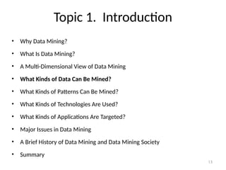13
Topic 1. Introduction
• Why Data Mining?
• What Is Data Mining?
• A Multi-Dimensional View of Data Mining
• What Kinds of Data Can Be Mined?
• What Kinds of Patterns Can Be Mined?
• What Kinds of Technologies Are Used?
• What Kinds of Applications Are Targeted?
• Major Issues in Data Mining
• A Brief History of Data Mining and Data Mining Society
• Summary
 