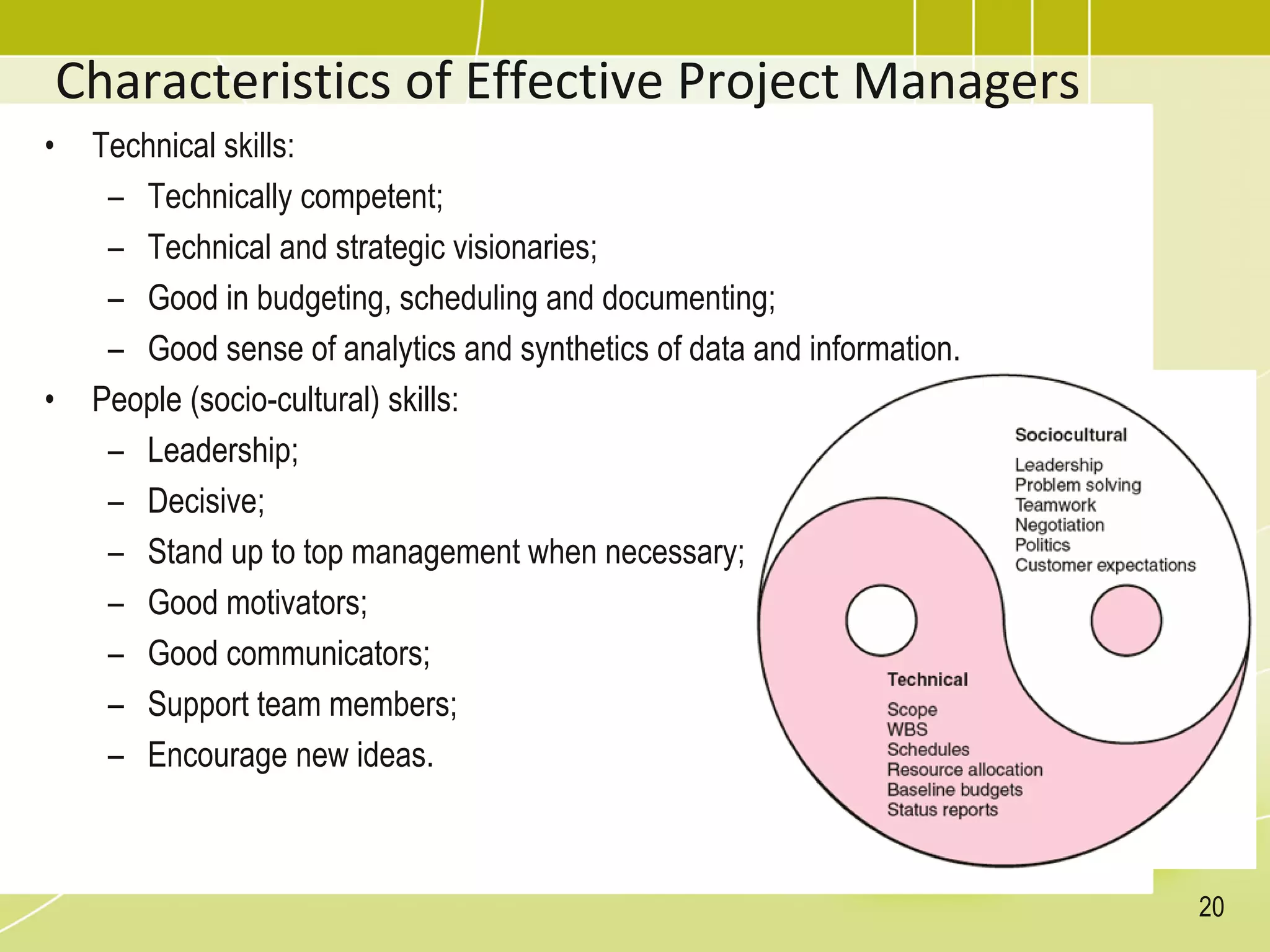 Characteristics of Effective Project Managers
• Technical skills:
– Technically competent;
– Technical and strategic visionaries;
– Good in budgeting, scheduling and documenting;
– Good sense of analytics and synthetics of data and information.
• People (socio-cultural) skills:
– Leadership;
– Decisive;
– Stand up to top management when necessary;
– Good motivators;
– Good communicators;
– Support team members;
– Encourage new ideas.
20
 