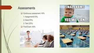 Assessments
 Continuous assessment: 40%
1- Assignment(10%)
2- Quiz(10%)
2- Test (20%)
 Final Exam: 60%
 