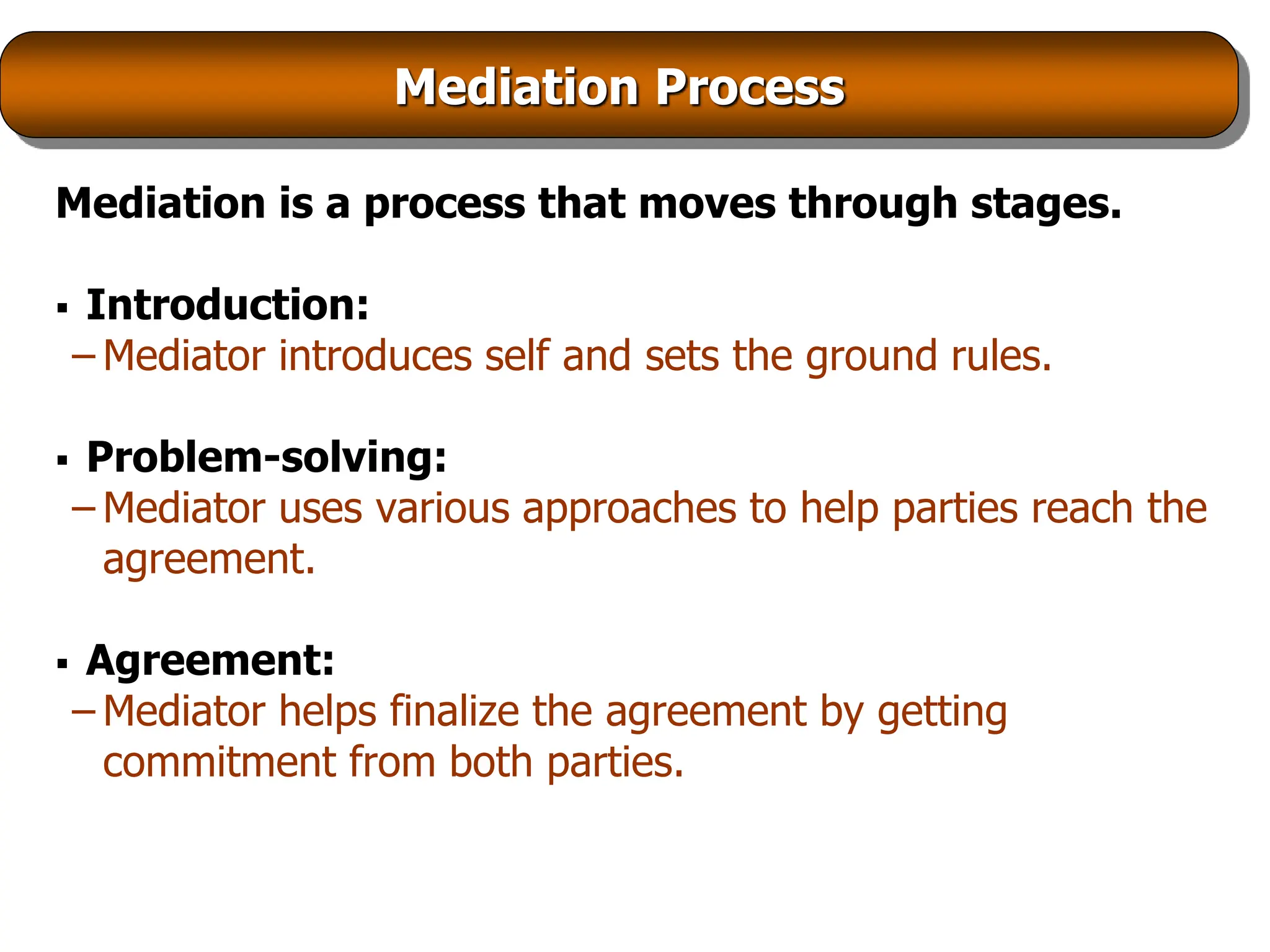 Mediation Process
Mediation is a process that moves through stages.
 Introduction:
– Mediator introduces self and sets the ground rules.
 Problem-solving:
– Mediator uses various approaches to help parties reach the
agreement.
 Agreement:
– Mediator helps finalize the agreement by getting
commitment from both parties.
 